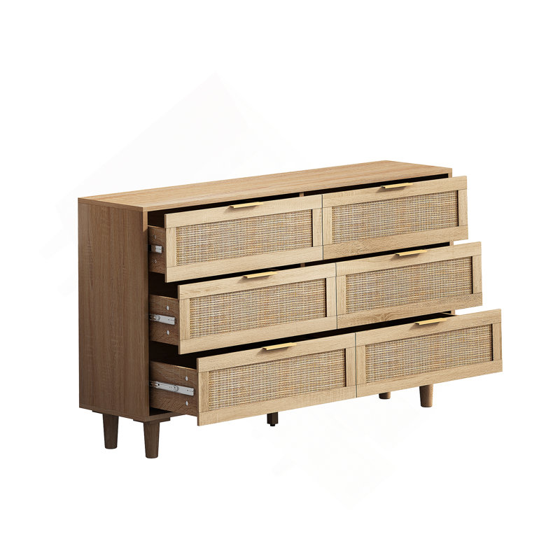 Commode de chambre en rotin 59 po à 6 tiroirs 59 po, Gris naturel