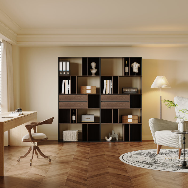 70.86'' H Tall Bookshelf and Bookcase Display Case With 2 Storage Drawes And Open Cabinet
