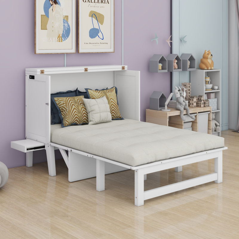Lit escamotable avec port USB et tablettes amovibles de chaque côté, Blanc, Grand lit