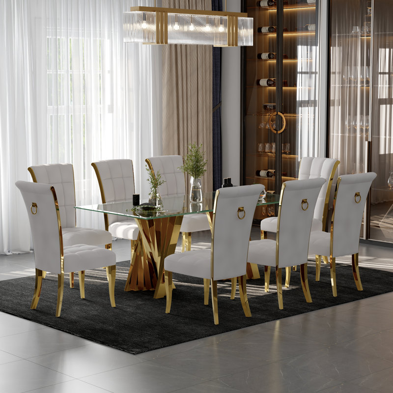 Dining Chairs Set Of 4, High Back Dining Room Chairs With Gold Legs, White Velvet Upholstered Kitchen Chairs With Metal Ring Pull