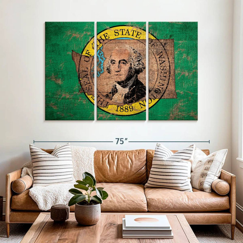 Borges State Map Over Washington Flag, 42" H x 65" W