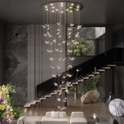 High Ceiling Chandelier Modern Crystal Chandelier Lighting Raindrop Large Chandelier for Staircase Foyer Entryway Living Room Dimmable 3000-6000K