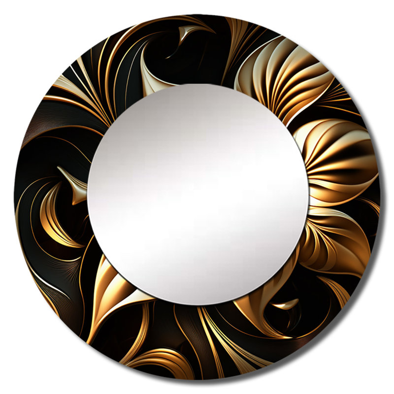 Golden Lily On Black I - Lily Decorative Mirror, Modern Wall Mirror, Printed Metal Art, 29" x 29", Round