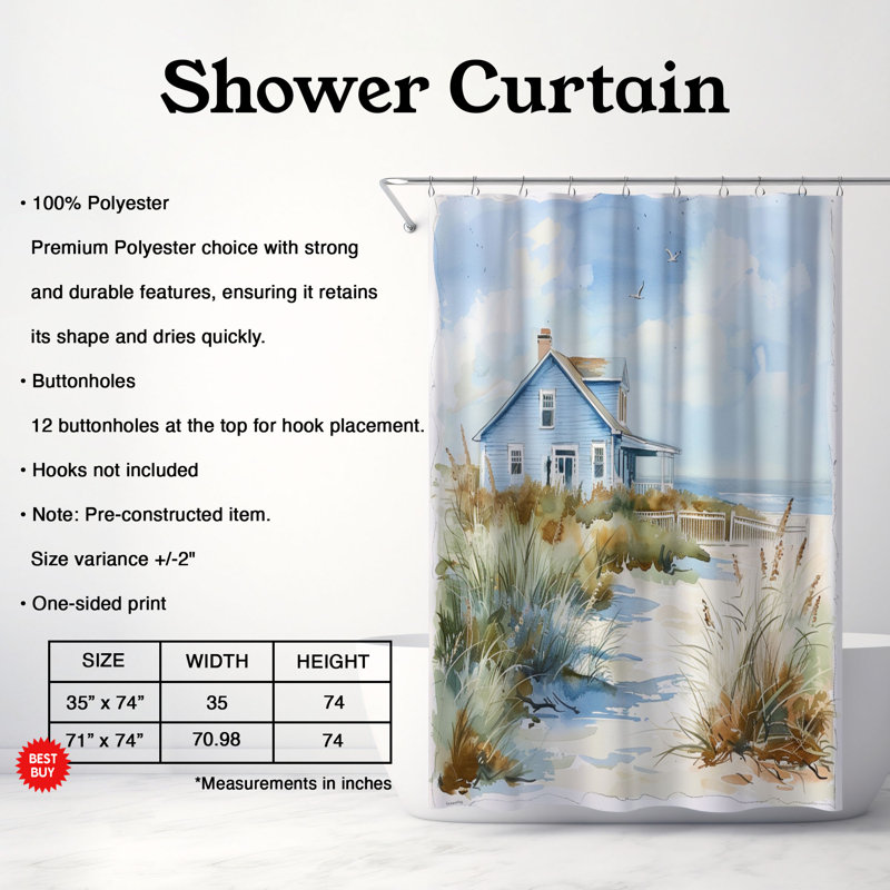Tranquil Beach Art - Rideau de douche standard 1 pièce, H 74 po x l 71 po