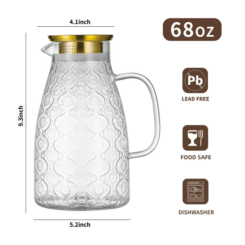 Pichet en verre avec couvercle et poignée, pichet 2 bouteilles 68 oz / 2 litres Vintage Flower Design, carafe d'eau en verre borosilicaté pour eau chaude / froide, café, thé glacé, résistant à la chaleur