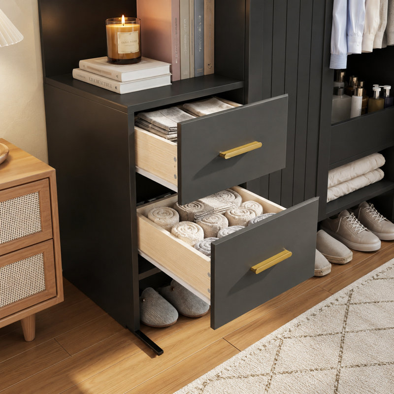 Armoire-penderie autoportante de 35,8 po de largeur avec 2 tiroirs, 2 portes et rangement latéral ouvert, armoire de rangement pour vêtements de chambre à coucher