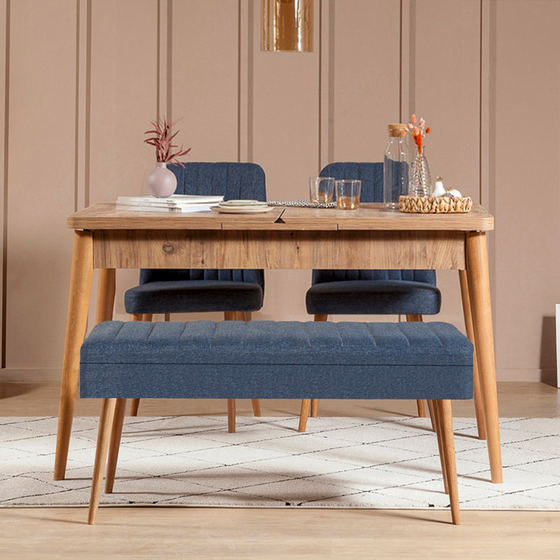 Karyana Scandinavian Extendable Dining Table & Chairs Set (4 Pieces), Atlantic Pine & Dark Blue | 100% Melamine Coated Particle Board, Table: 50.8 x 29.5 x 31.5 in, Chairs: 18.5 x 35.4 x 17.7 in | Stylish and Functional for Modern Homes