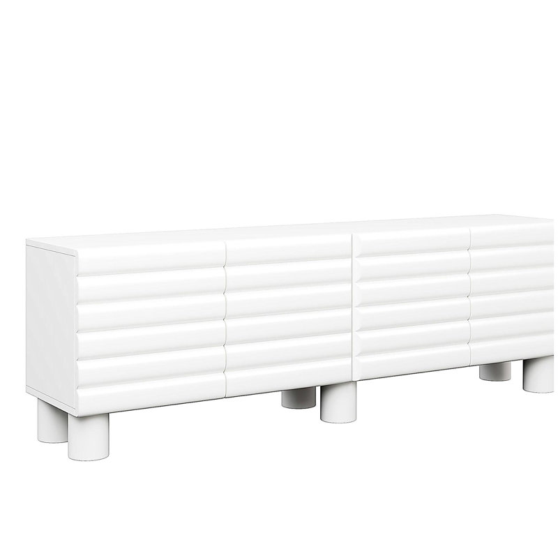Meuble télé moderne avec porte ondulée pour téléviseur de 75 po ou moins, console média crème avec 4 armoires, tablettes réglables et gestion des câbles pour le salon