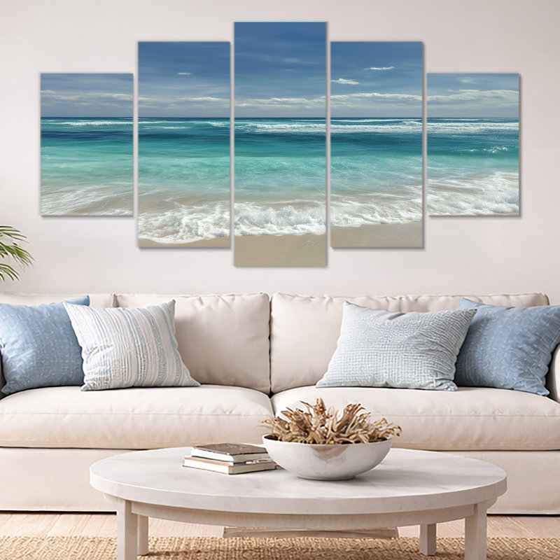 «Blue and White Oceanic Oasis In Mexico - Beach Wall Art», reproduction sur toile bleue 5 pièces