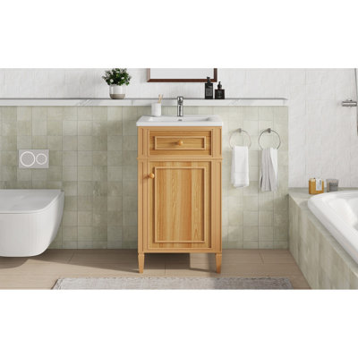 Meuble-lavabo en bois de 20 po avec lavabo, pieds en bois, tablette réglable, tiroir inclinable, poignées en bois, armoire autoportante moderne pour petite salle de bain