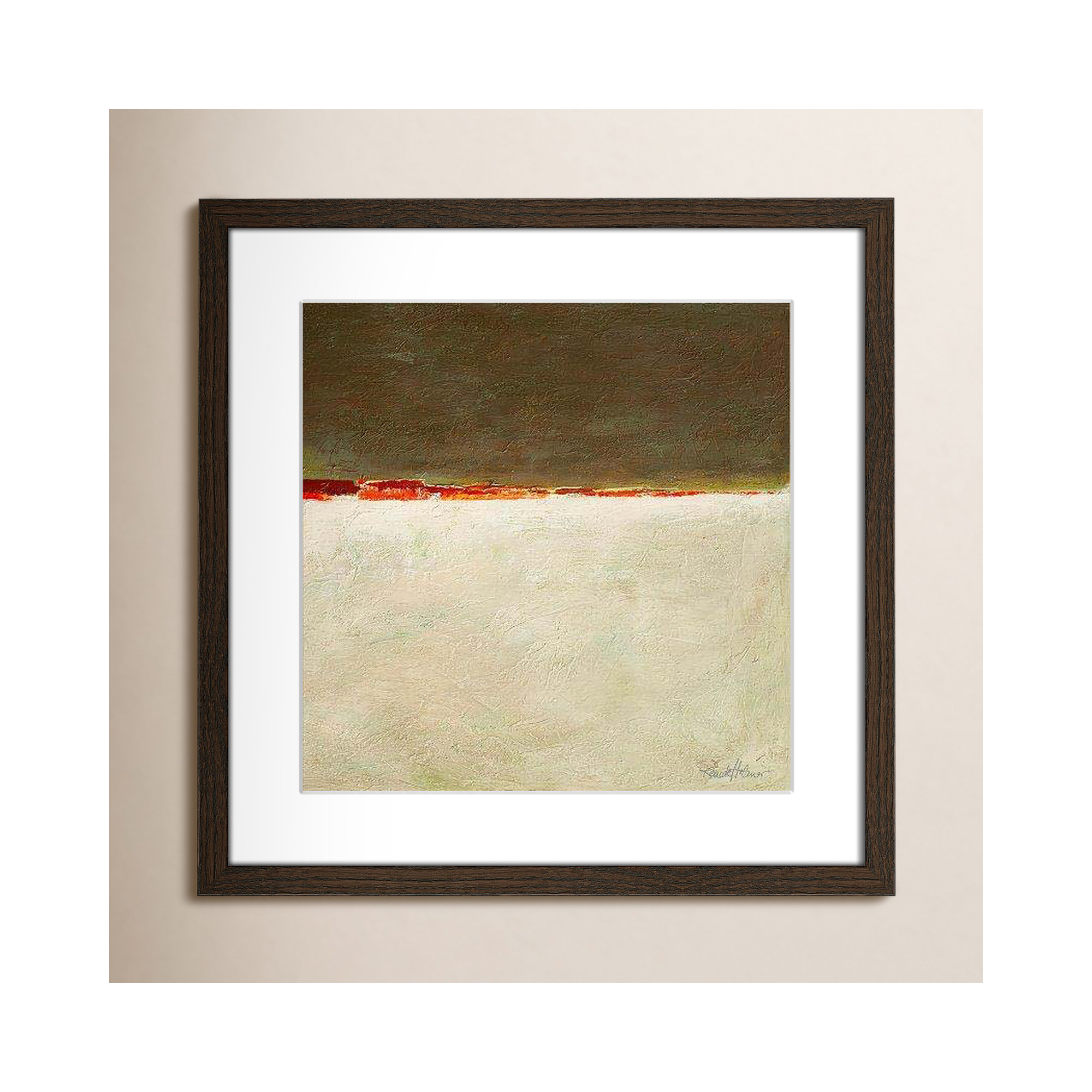 Orange Horizon I by Renate Holzner - Print, 17" H x 17" W x 0.75" D, Walnut Framed