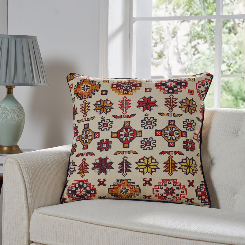 Coussin Muskoka, Polyester, Crème / rouge / ikat brun