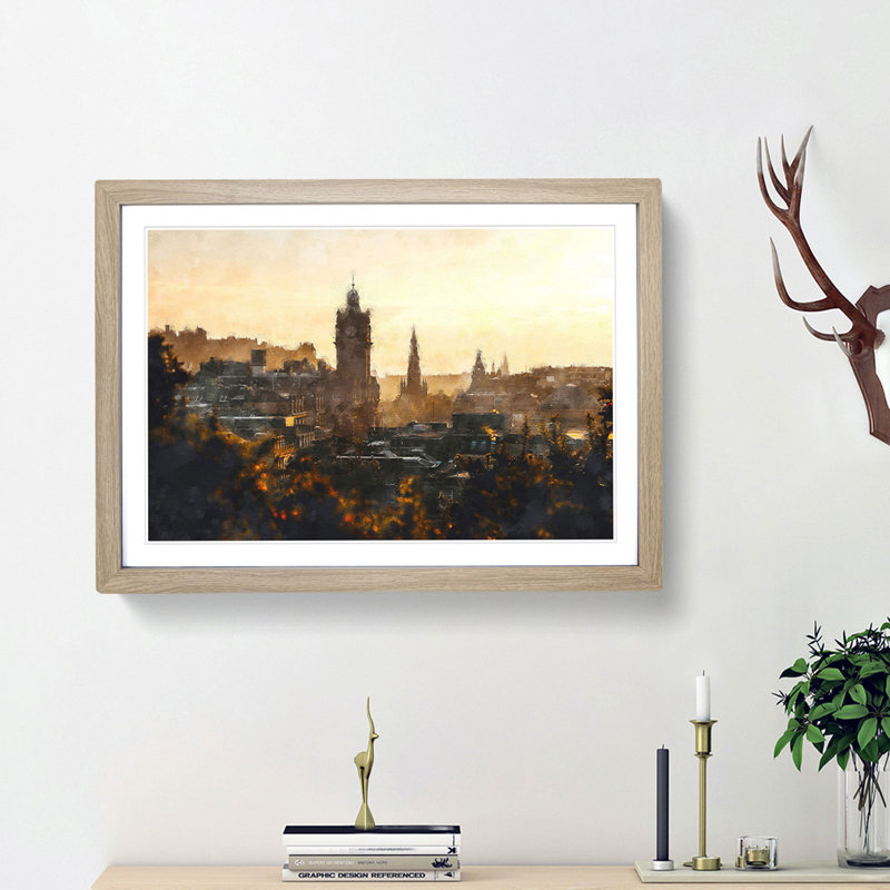 View of Edinburgh from Calton Hill - Picture Frame Painting Print on MDF, 24cm H x 33cm W x 2cm D, Oak Framed