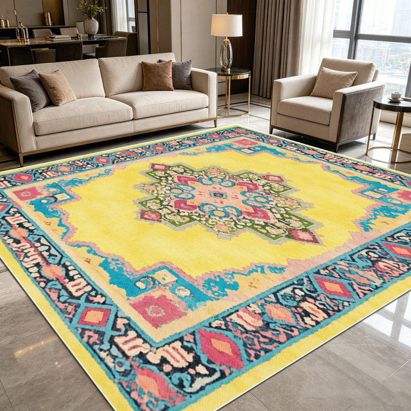1PC Bohemian Vintage Geometric Medallion Yellow Base area rugs for Living Room, Soft and Comfortable, Suitable for all seasons, easy-to-maintain, machine washable Indoor floor mat, Under Table Farmhouse suitable for dining table, entryway, bedroom,...
