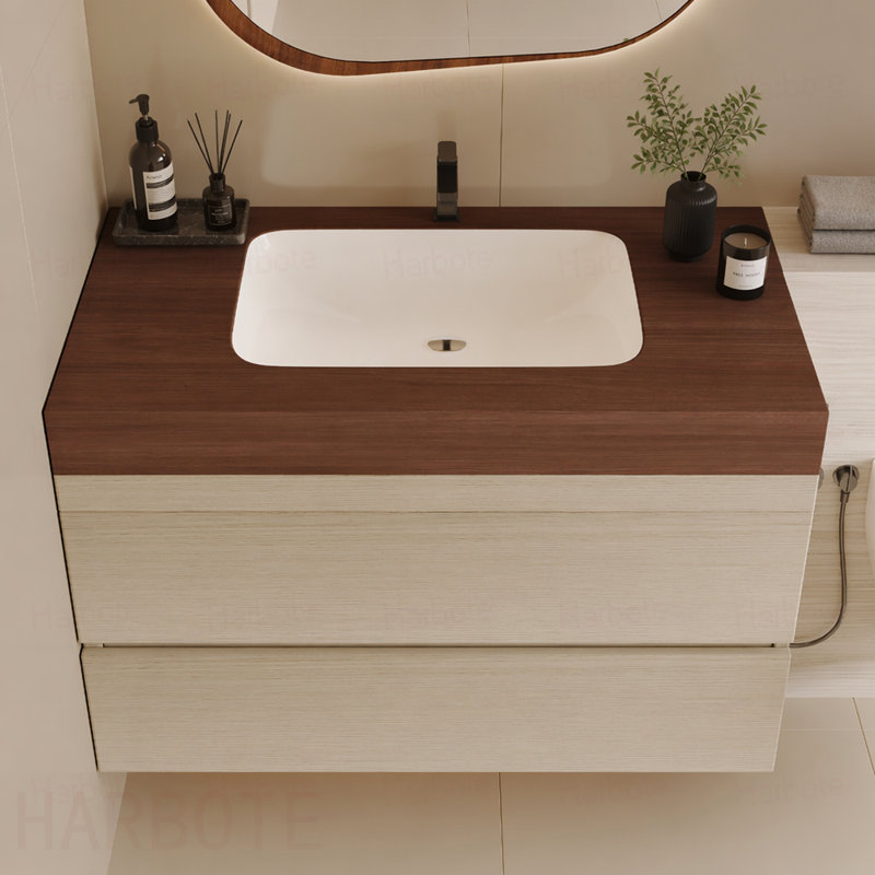 Meuble-lavabo flottant moderne avec plateau en faux marbre et lavabo encastré en céramique, fixation murale pour petites salles de bain et appartements