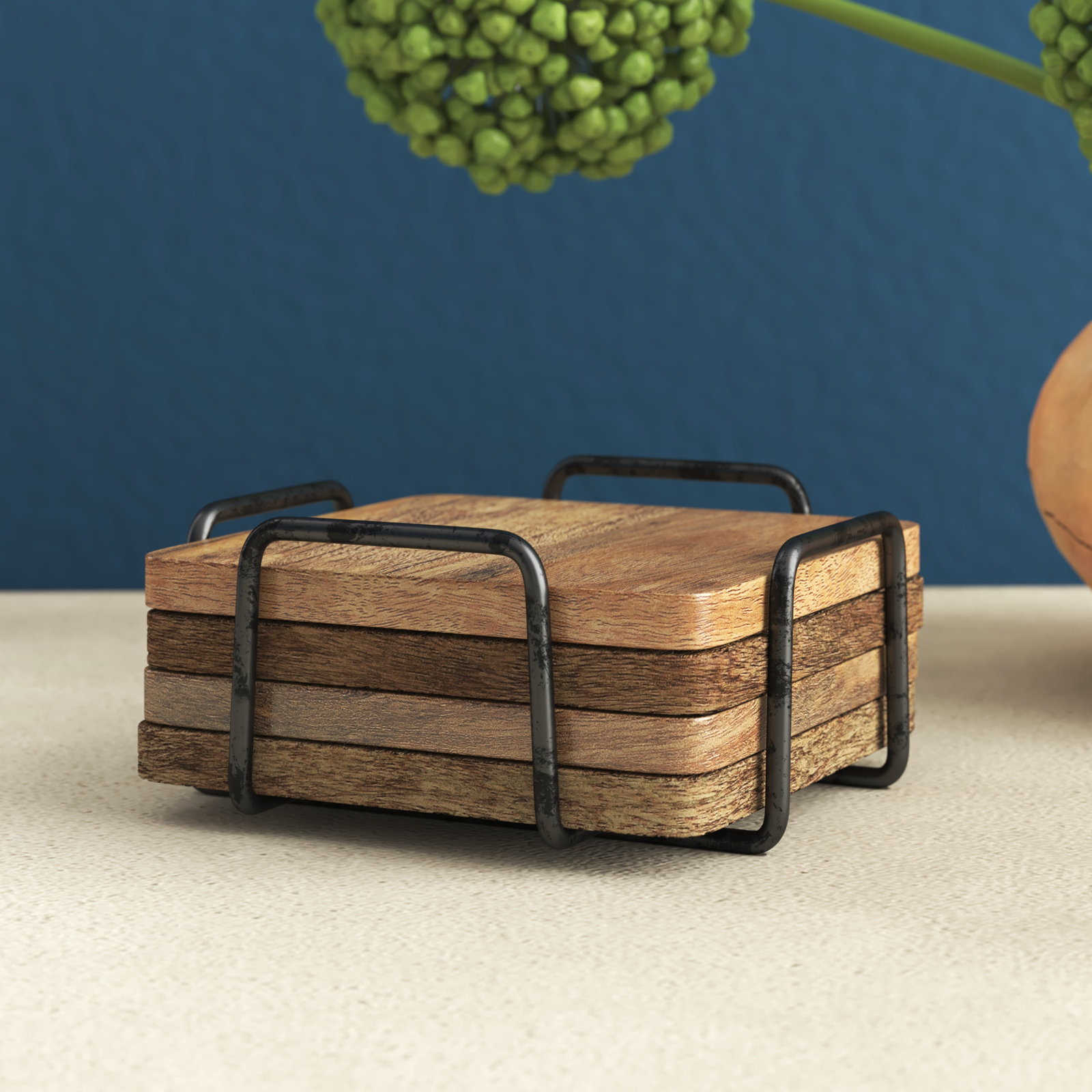 Wallis Square Coaster Set with Holder, Wood/Natural