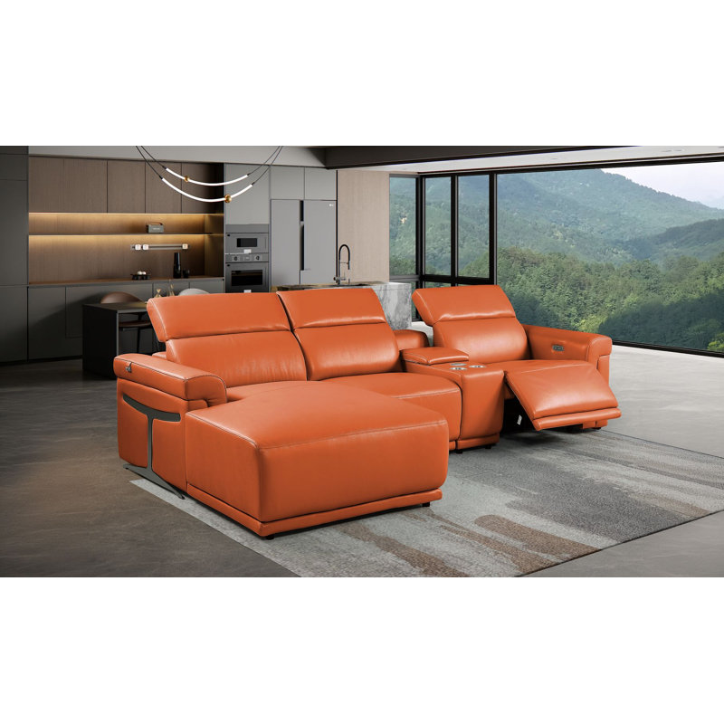 Canapé modulaire en cuir italien 4 pièces Camel faisant face à la gauche avec 1 fauteuil inclinable électrique et appuis-tête réglables Camel