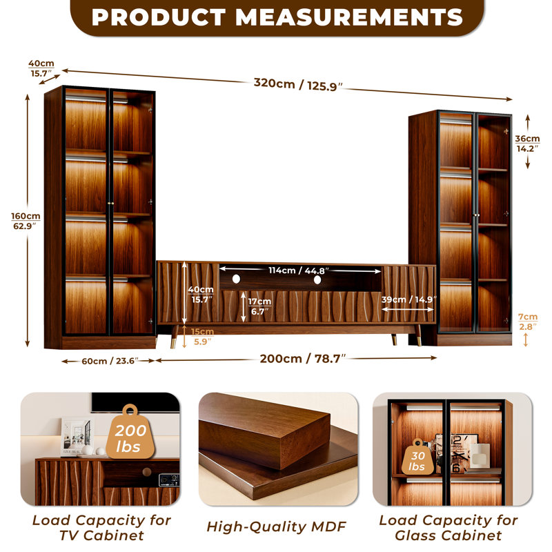 125.9“ Brown Entertainment Center With Bookshelves For 55/58/65/70/75 Inch TV, Mid-Century Modern Wood Walnut Finish Fluted Splayed Leg TV Stand With Lighted Glass Display Bookshelf, Media Console With Drawers And Storage For Living Room Bedroom