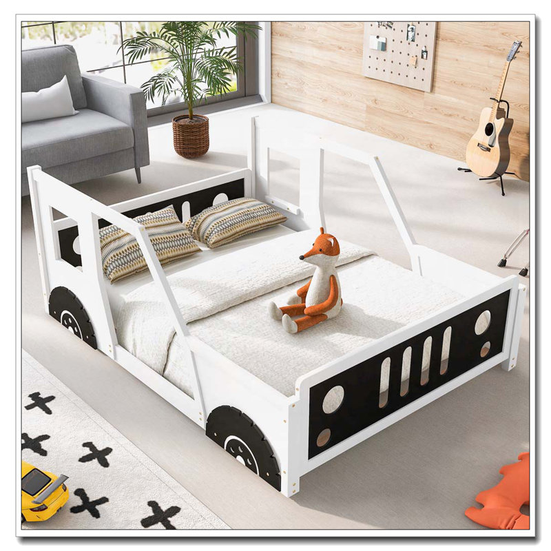 Lit plateforme en forme de voiture avec roulettes, Blanc