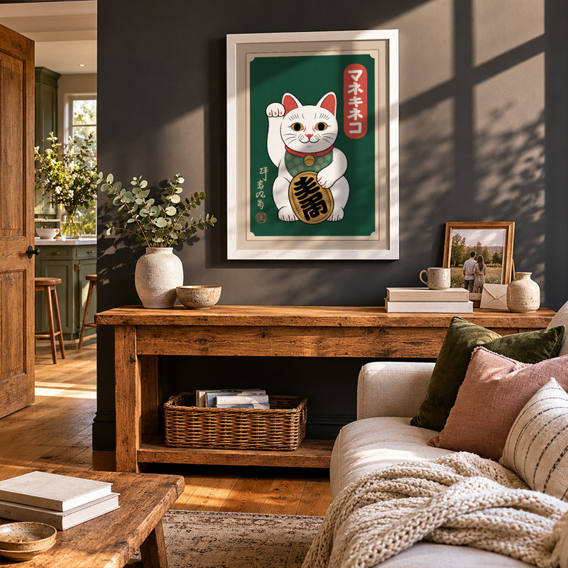 Lucky Cat Japandi - Framed Print, A3 - 42.0 x 29.7 cm, White