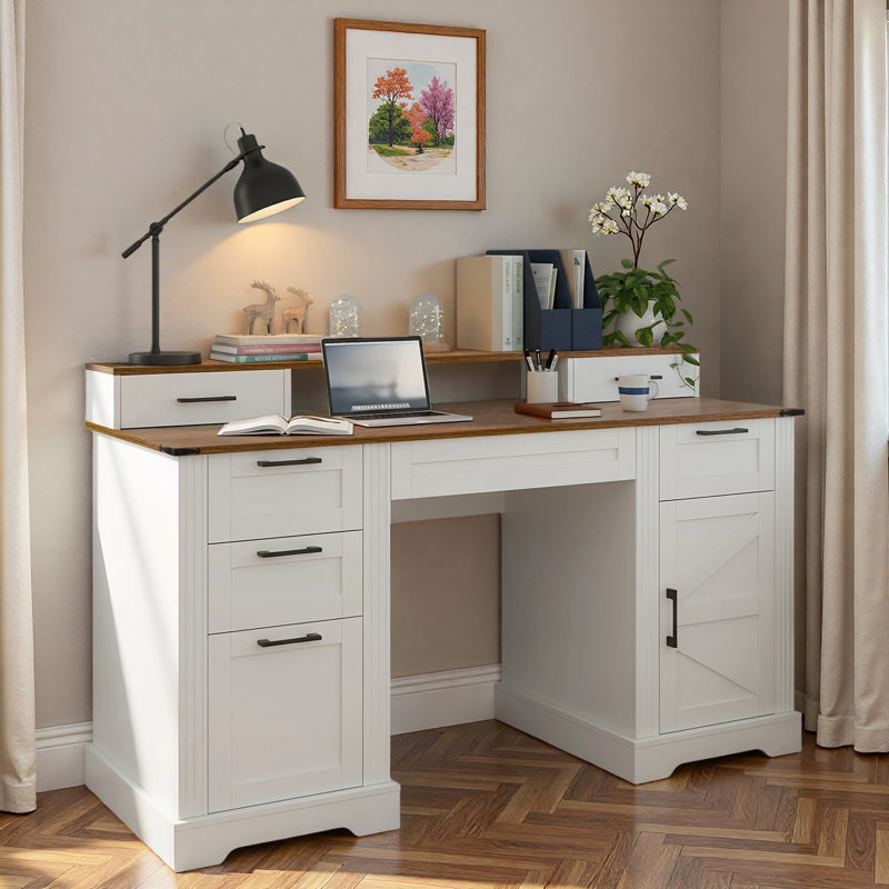 Farmhouse Office Desk With Charging Station, Storage Cabinet, Barn Door Design, File Drawer, Monitor Stand And Keyboard Tray