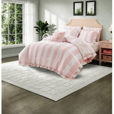 Ensemble de literie complet/queen, couette rose en microfibre à volants et à motifs floraux
