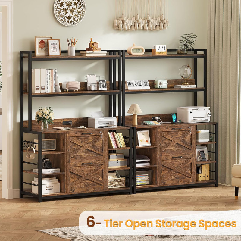 File Cabinet With Charging Station, Vertical Filing Cabinet With Lock For Home Office, Rustic Brown