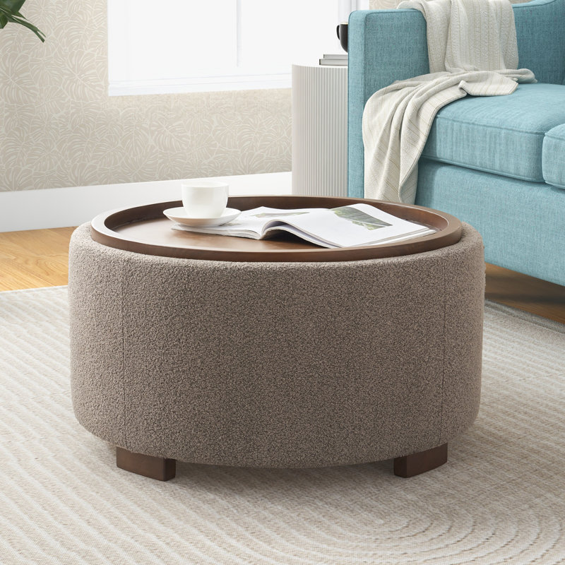 Caysey 30.1" W Upholstered Round Storage Ottoman with Wooden Tray, Brown