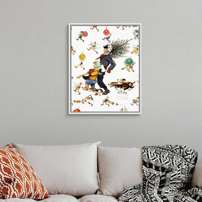 «Norman Rockwell Bringing Home The Tree», art mural sur toile, H 32 po x l 26 po x P 1,75 po, Cadre flottant blanc
