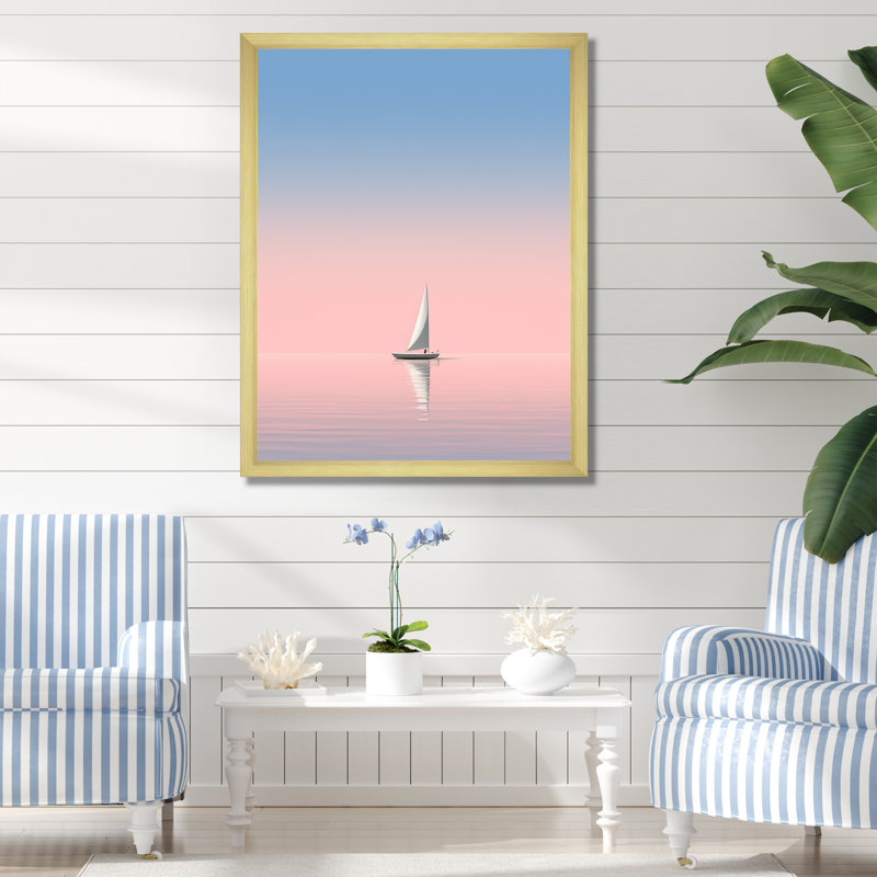 «Coastal Calm» rose et bleu voilier photo II sur toile, H 20 po x l 12 po x P 1 po, Encadrement doré