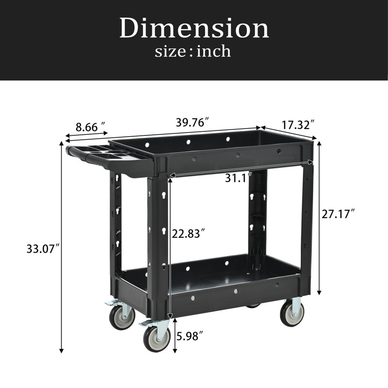 Chariot utilitaire à deux tablettes avec roulettes, 600 lb Chariots utilitaires et outils à capacité pour entrepôts, espaces industriels, garages, pour l'intérieur et l'extérieur, et plus encore, avec roues verrouillables