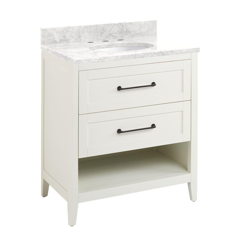 Ensemble de meuble-lavabo simple 30 po avec lavabo encastré ovale Burfield, Marbre de Carrare, 8 po, Blanc