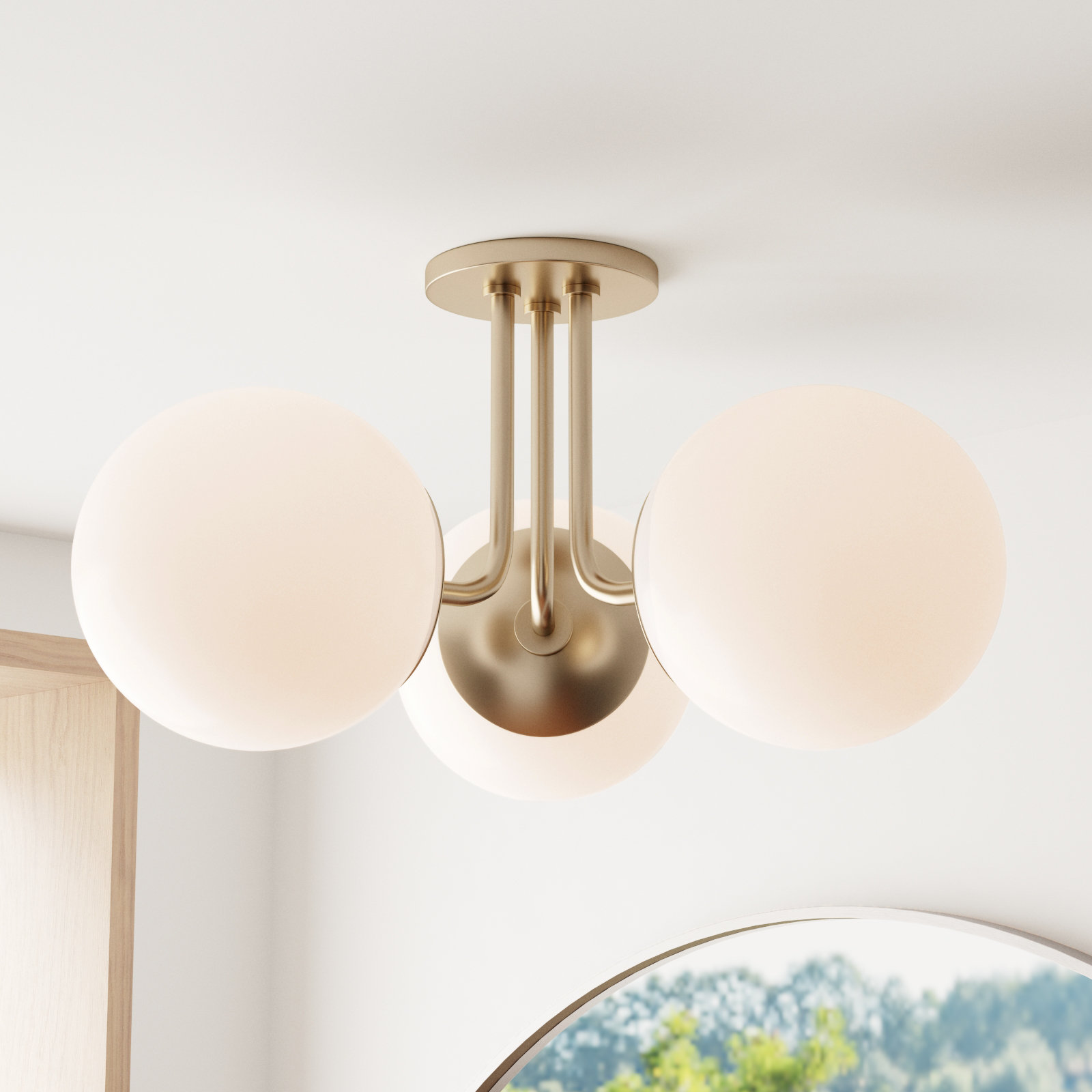 Luna 3 Light Glass Semi Flush Mount, Aged Brass