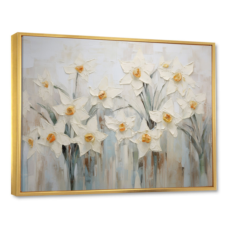 Minimalisme - jonquilles blanches II - impression, Cadre flottant doré, H 34 po x l 44 po x P 1,5 po