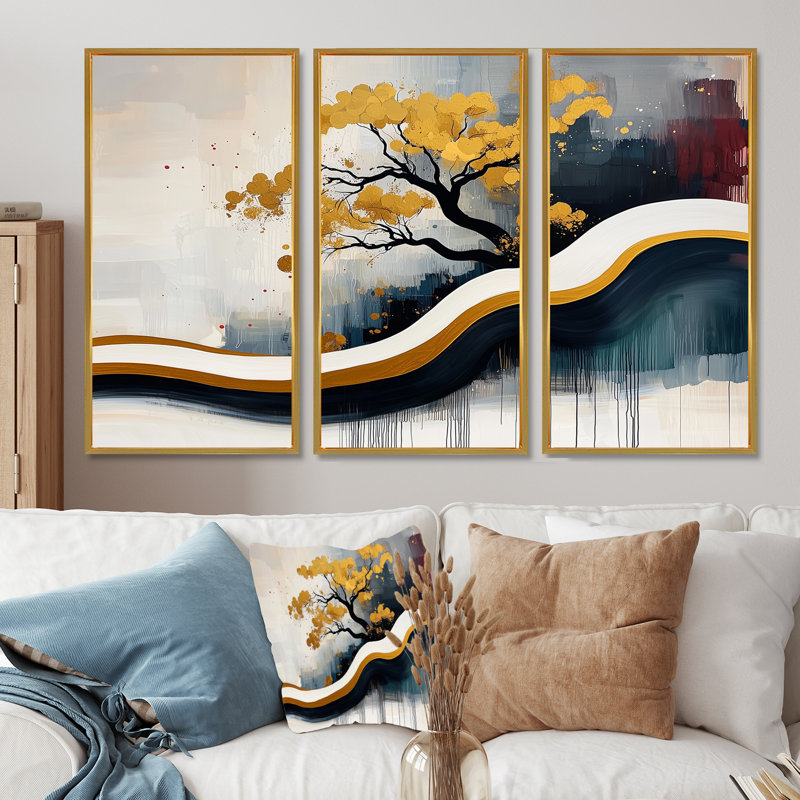 Abstrait Bonzai Roots and Reflections - Still Lifes, art mural sur toile - 3 panneaux, H 28 po x l 36 po, Doré