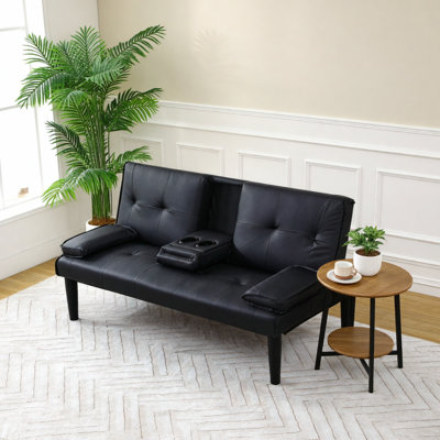 The 67-Inch Black PVC Multi-Functional Sofa Bed With A Foldable And Cup Holder Design Makes It Extremely Convenient To Turn The Living Room Into A Guest Room