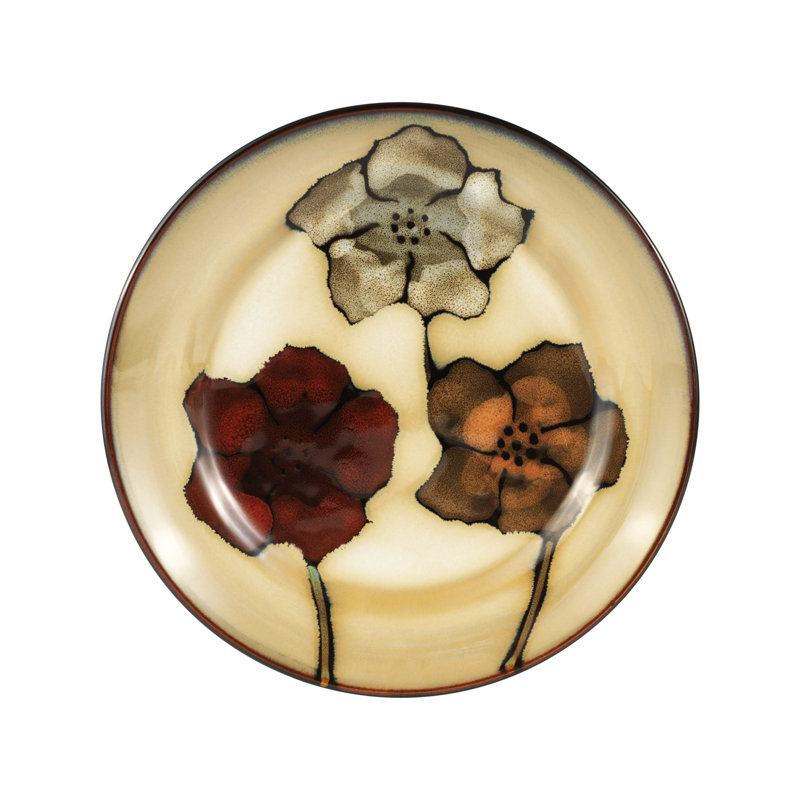 Service de vaisselle en grès avec motif de coquelicots peints de 16 articles pour quatre personnes, Beige