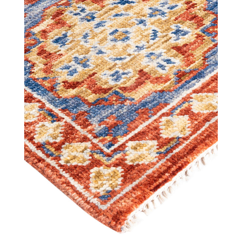 Rust and Blue Hand-Knotted Wool Rectangular Area Rug