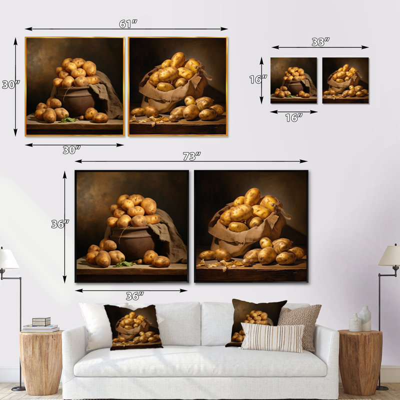 Ensemble de 2 pommes de terre ambrées - collage carré de légumes, Toile tendue, H 16 po x l 33 po