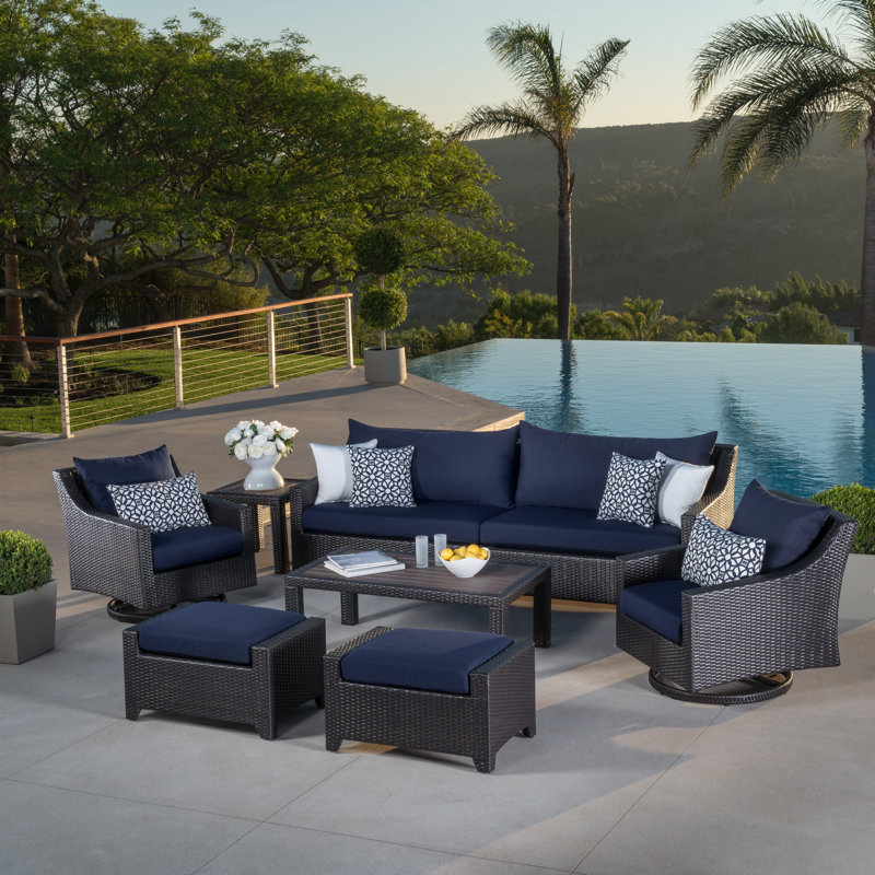 Fionnula 8 Piece Rattan Sofa Seating Group With Sunbrella Cushion Covers, Navy Blue