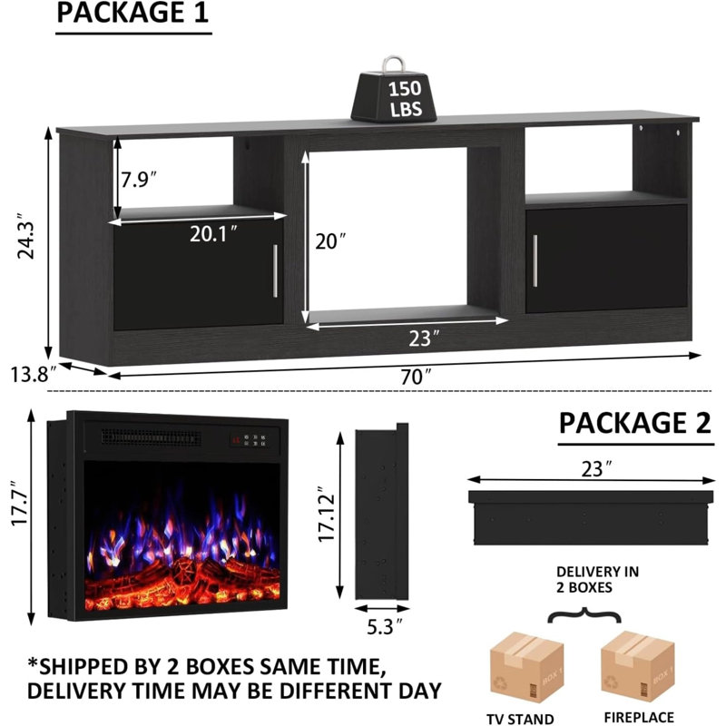 70" TV Stand with 23" Electric Fireplace, Black