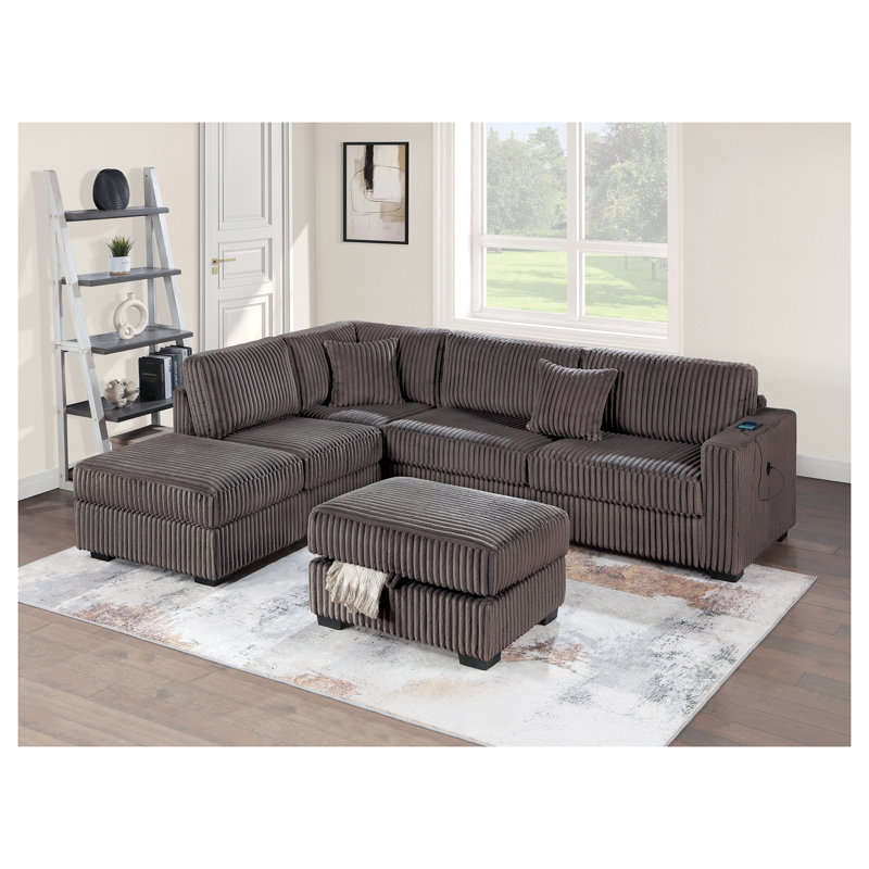 Canapé modulaire réversible en velours côtelé chocolat avec repose-pieds avec rangement USB