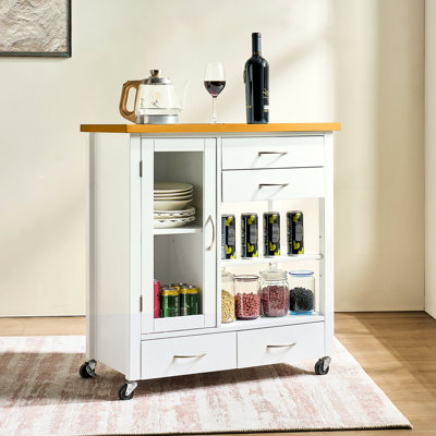 Chariot d'îlot de cuisine blanc avec finition en bois de noyer, unité de rangement sur roulettes et tablettes ouvertes, idéal pour la vaisselle et les articles secs en surface, tiroirs roulants, porte-serviettes en verre