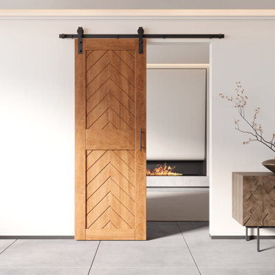 Homacer Early American 26 in. x 84 in. Finished & Unassembled 4-IN-1 Fishbone Design Barn Door with Non-Bypass Installation Hardware Kit, 4.5ft track, interior use only