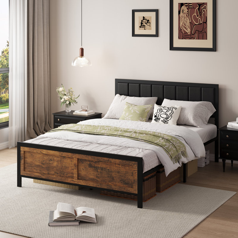Bed Frame With Headboard Metal Platform Bed , No Box Spring Needed,Vintage Brown, Full