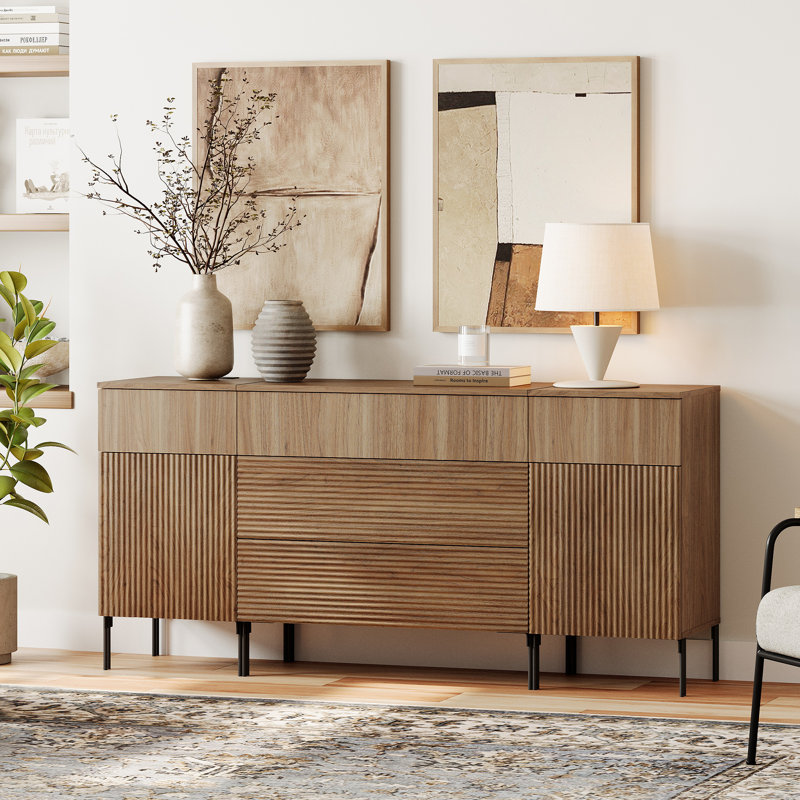 63" Reeded Accent Cabinet Set With Doors And Drawers, Modern Credenza Accent Cabinet With Charging Station For Living Room, Kitchen, Dining Room, Hallway