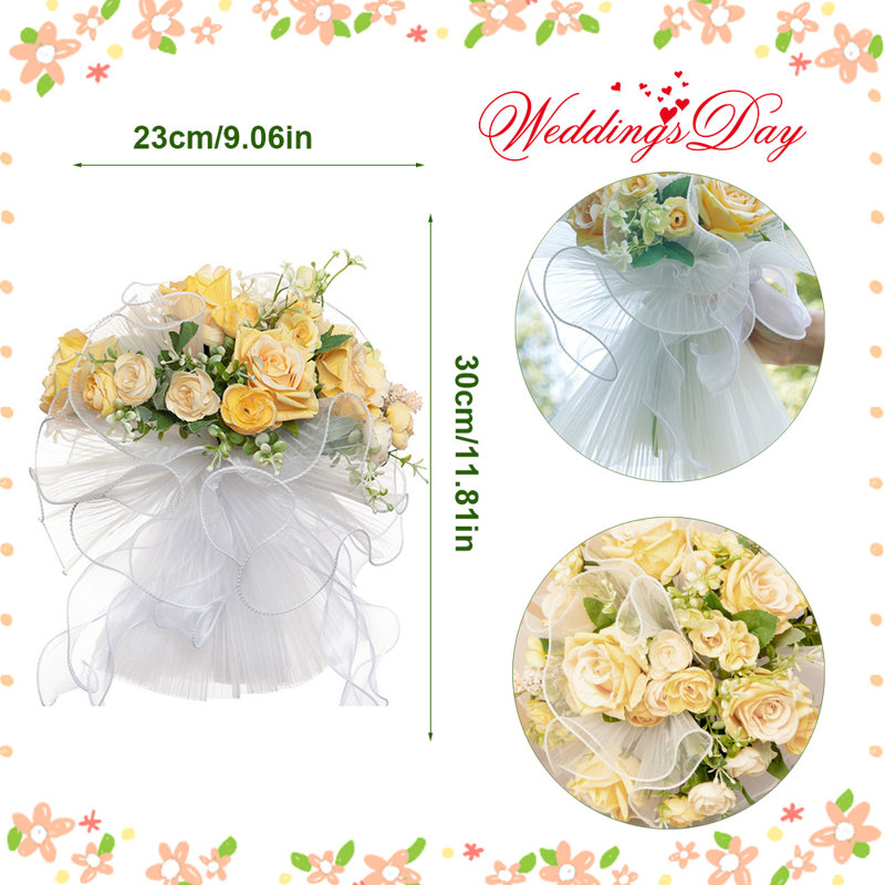 Bouquet de mariée en polyester rose - Bouquet de mariée / demoiselle d'honneur de mariage artificiel de 12 pouces avec poignées en ruban