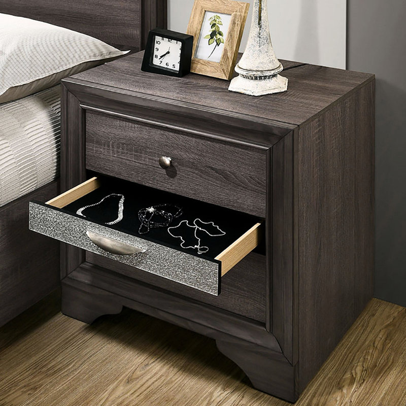 Table de chevet 3 tiroirs en bois gris avec poignées en nickel - Boîte de rangement dissimulée pour chambre à coucher