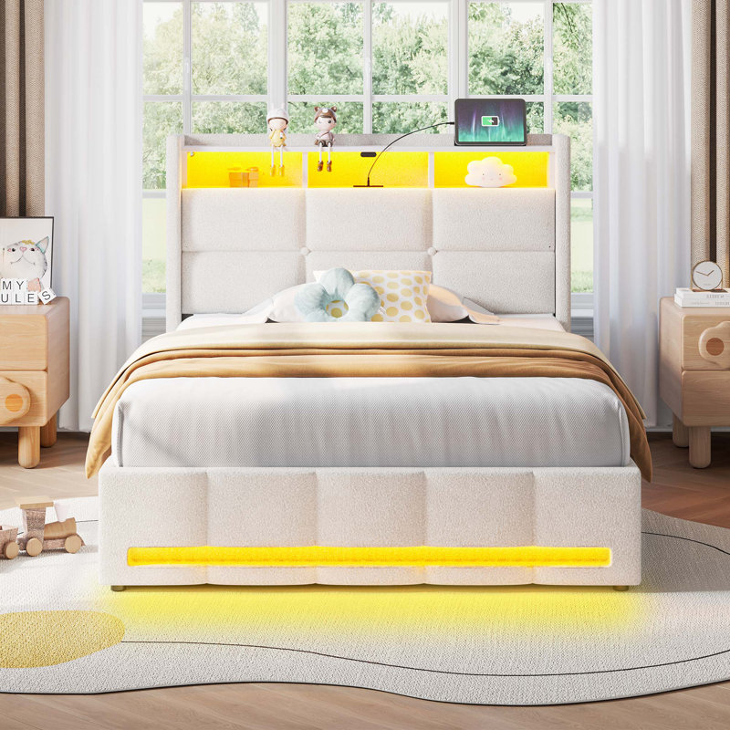 Upholstered Lift Up Storage Bed Frame with LED Lights and Charging Station, Platform Bed, No Box Spring Needed, Off White