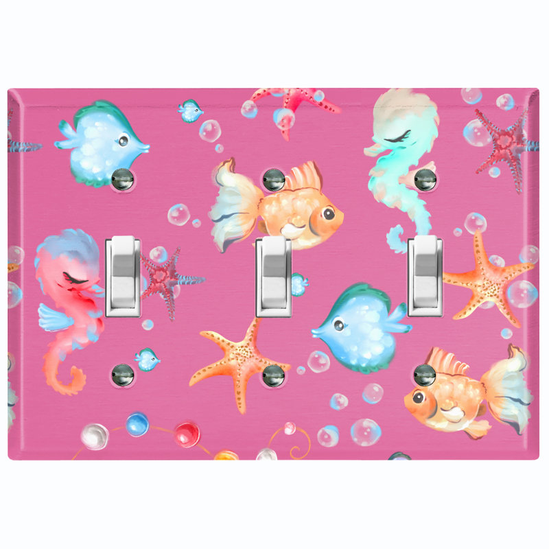 Mermaid Ocean Star Fish Bubbles Pink 3 - Gang Toggle Light Switch Standard Wall Plate